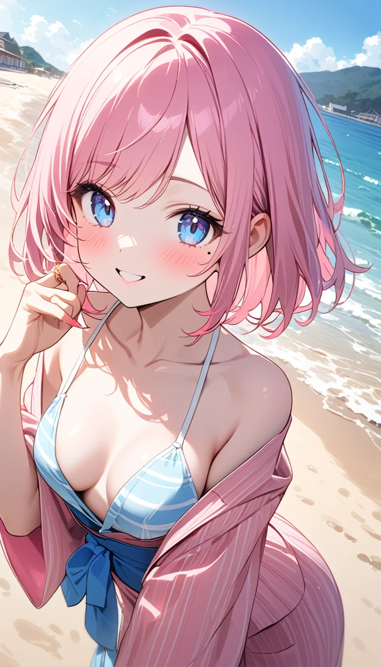 (1 girl),(Best Picture Quality, 8K, Masterpiece:1.3), (high school student:1.5), ((pink lob hair:1.1)), (bob cut),(swept bangs), (cute eyes, pupil black, iris skyblue, youthful face), (mole under right eye), (standard weight), (small breasts), (glistening skin:1.1),(pale skin:1.2),(yukata),(seaside),((Gyaru fashion:1.3)),((summer scene:1.2)),(magnificent view),(overlooking),(Smile).