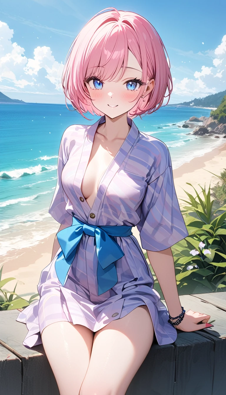 (1 girl),(Best Picture Quality, 8K, Masterpiece:1.3), (high school student:1.5), ((pink lob hair:1.1)), (bob cut),(swept bangs), (cute eyes, pupil black, iris skyblue, youthful face), (mole under right eye), (standard weight), (small breasts), (glistening skin:1.1),(pale skin:1.2),(yukata),(seaside),((Gyaru fashion:1.3)),((summer scene:1.2)),(magnificent view),(overlooking),(Smile).