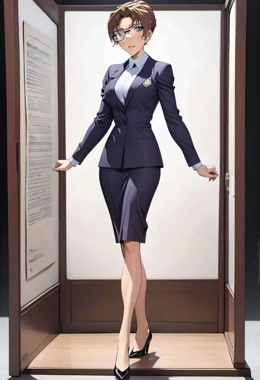 Beautiful lawyer ,(best quality,masterpiece,full body,solo:1.4), Perfect figure, Wearing glasses, Ultra Clear, Super detailed, Depth of written boundary, Brown Hair, Charismatic, 36 years old