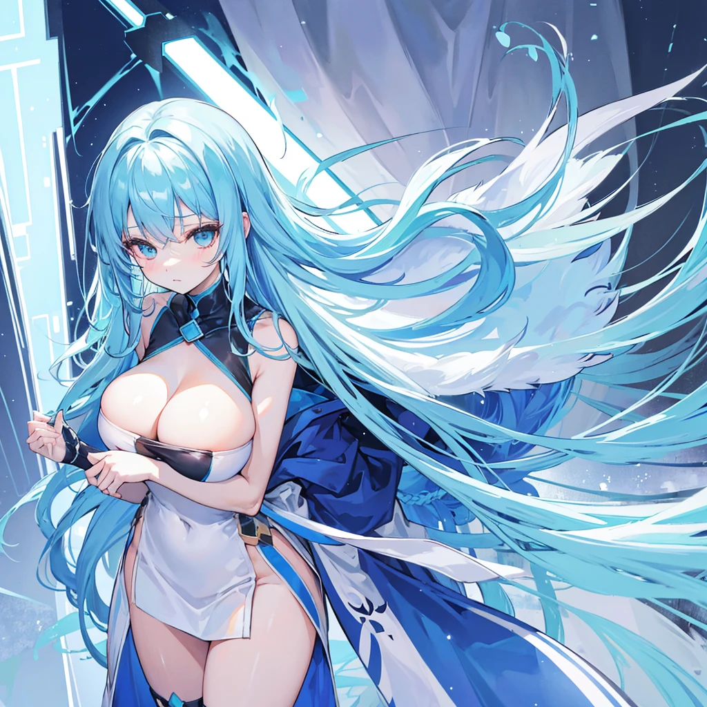 highest quality,whole body,,Very big breasts,body covered with towel,A shy expression,light blue hair,long hair