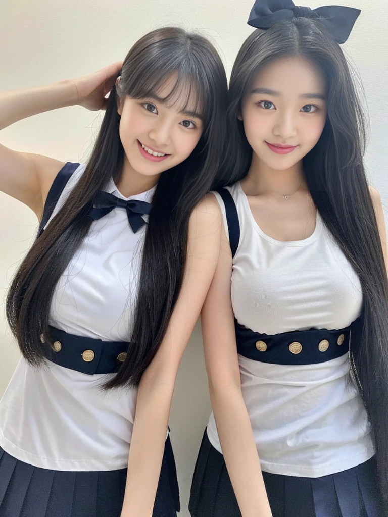 (Super cute Korean high school girls duo take a photo back to back 1.2)(grin,Smile)(Beautiful Sweat:1.1)(16K, RAW Photos, Highest quality, masterpiece: 1.2),(Shiny black hair) Super detailed, Super Resolution, (Genuine, Genuine photos: 1.37), Portraiture, High-resolution RAW color photos, Professional photos, Very detailed, 8k wallpaper, Very detailed CG Unity 8k wallpaper, Very detailed beautiful girls, Very detailed faces, ((whole body)), beautiful woman, Huge breasts,(huge boobs:1.1) (Big Boobs:1.1), Beauty college student (A tight, girly, navy sleeveless  with ribbon),high school girl, Korean Girls,(K-POP Female Idols), (Idol-class beauty)(Beautiful high school girl:1.1)(Volunteer Center)(18-year-old)(Stylish school uniform-style outfit:1.1)(Group photo:1.2)