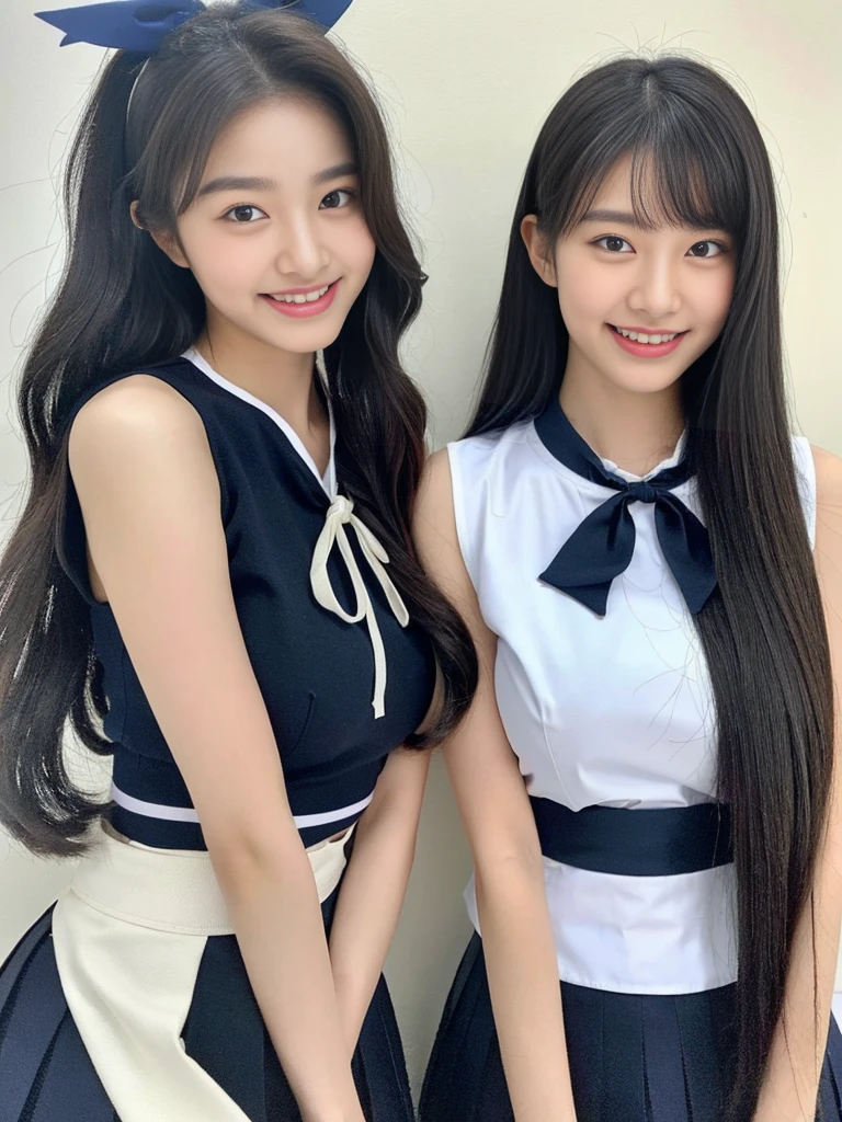 (Super cute Korean high school girls duo take a photo back to back 1.2)(grin,Smile)(Beautiful Sweat:1.1)(16K, RAW Photos, Highest quality, masterpiece: 1.2),(Shiny black hair) Super detailed, Super Resolution, (Genuine, Genuine photos: 1.37), Portraiture, High-resolution RAW color photos, Professional photos, Very detailed, 8k wallpaper, Very detailed CG Unity 8k wallpaper, Very detailed beautiful girls, Very detailed faces, ((whole body)), beautiful woman, Huge breasts,(huge boobs:1.1) (Big Boobs:1.1), Beauty college student (A tight, girly, navy sleeveless  with ribbon),high school girl, Korean Girls,(K-POP Female Idols), (Idol-class beauty)(Beautiful high school girl:1.1)(Volunteer Center)(18-year-old)(Stylish school uniform-style outfit:1.1)(Group photo:1.2)