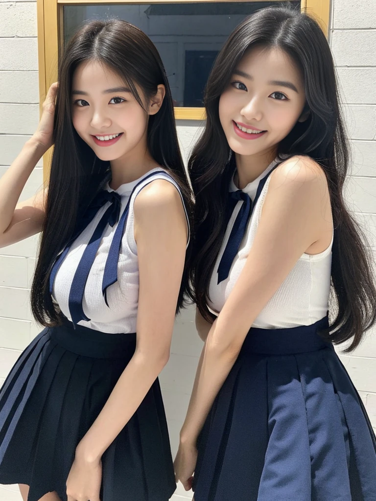 (Super cute Korean high school girls duo take a photo back to back 1.2)(grin,Smile)(Beautiful Sweat:1.1)(16K, RAW Photos, Highest quality, masterpiece: 1.2),(Shiny black hair) Super detailed, Super Resolution, (Genuine, Genuine photos: 1.37), Portraiture, High-resolution RAW color photos, Professional photos, Very detailed, 8k wallpaper, Very detailed CG Unity 8k wallpaper, Very detailed beautiful girls, Very detailed faces, ((whole body)), beautiful woman, Huge breasts,(huge boobs:1.1) (Big Boobs:1.1), Beauty college student (A tight, girly, navy sleeveless  with ribbon),high school girl, Korean Girls,(K-POP Female Idols), (Idol-class beauty)(Beautiful high school girl:1.1)(Volunteer Center)(18-year-old)(Stylish school uniform-style outfit:1.1)(Group photo:1.2)