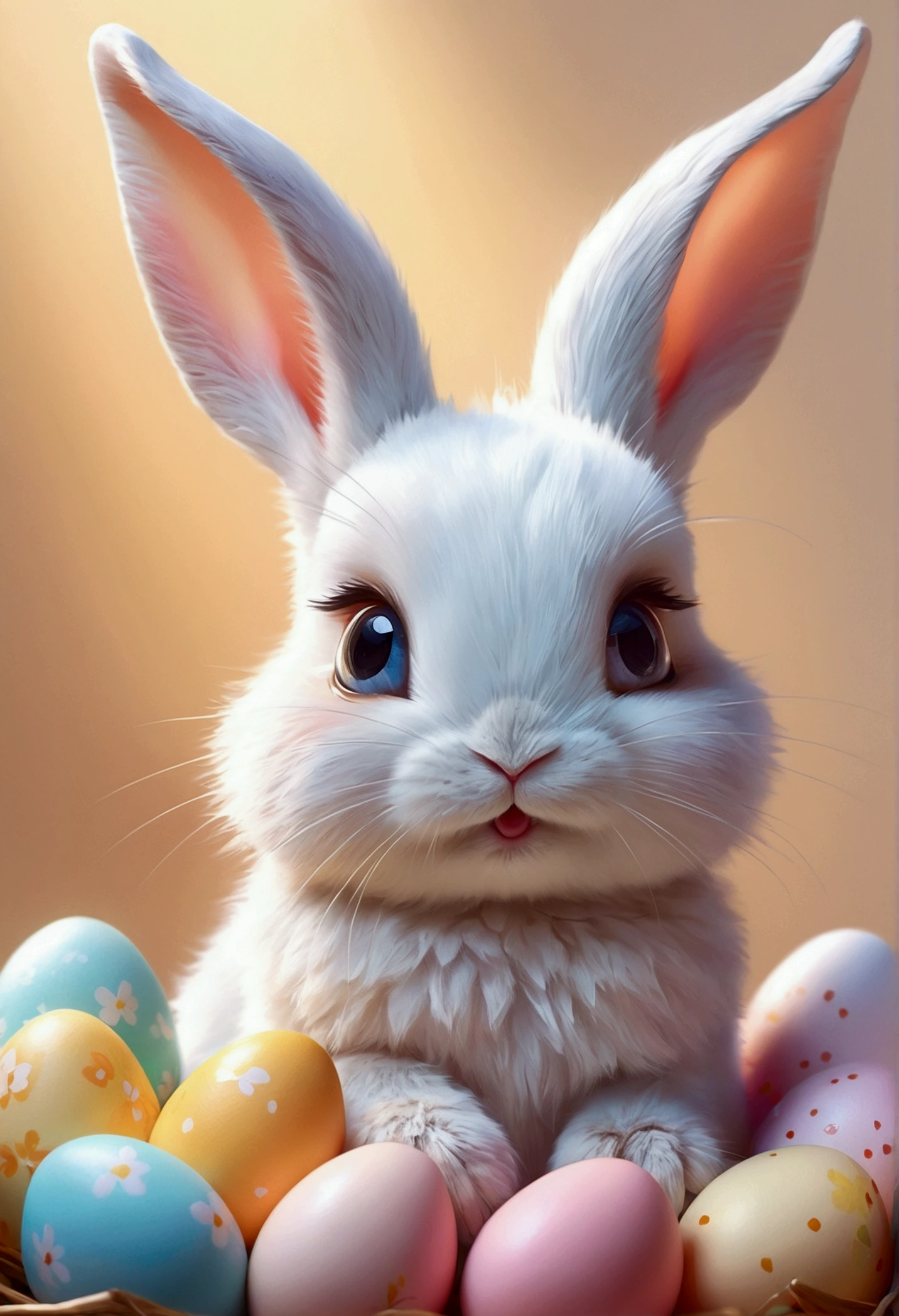 Beautiful little rabbit with dreamy eyes, Volumetric Light, Ultra-realistic, Intricate details, figure, Painting, watercolor, Cute Chibi, Eating Easter eggs, ah!, Shallow depth of field, Pastel Color Palette, Soft lighting, Minimal, Modern, Digital Painting, Lois van Baalle、Ross Tran、Art by Artgerm, ArtStation HQのトレンド, Very detailed，Sleeping，Are sleeping