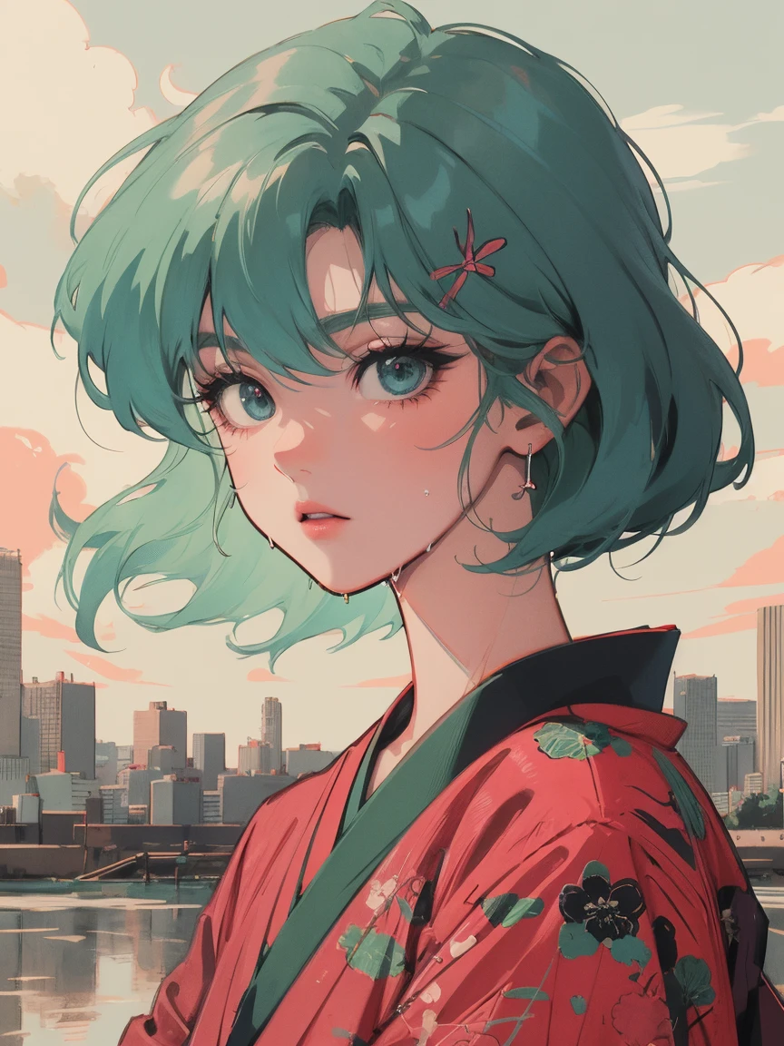 anime girl sitting on floor looking, anime aesthetic, anime vibes, Lofi Artstyle, Lo-fi portrait. anime, Lofty Girl, anime art wallpaper 4 k, anime art wallpaper 4k, anime art wallpaper 8 k, anime background art, Lofi Color, Lofi Art, anime asthetic, Berry Short, Rei Ayanami's hairstyle, kimono, kimono, Tokyo scenery, In the city, Wet day, Outside, Cloudy, Neon City, Whole body shot, Green Hair, night, night中