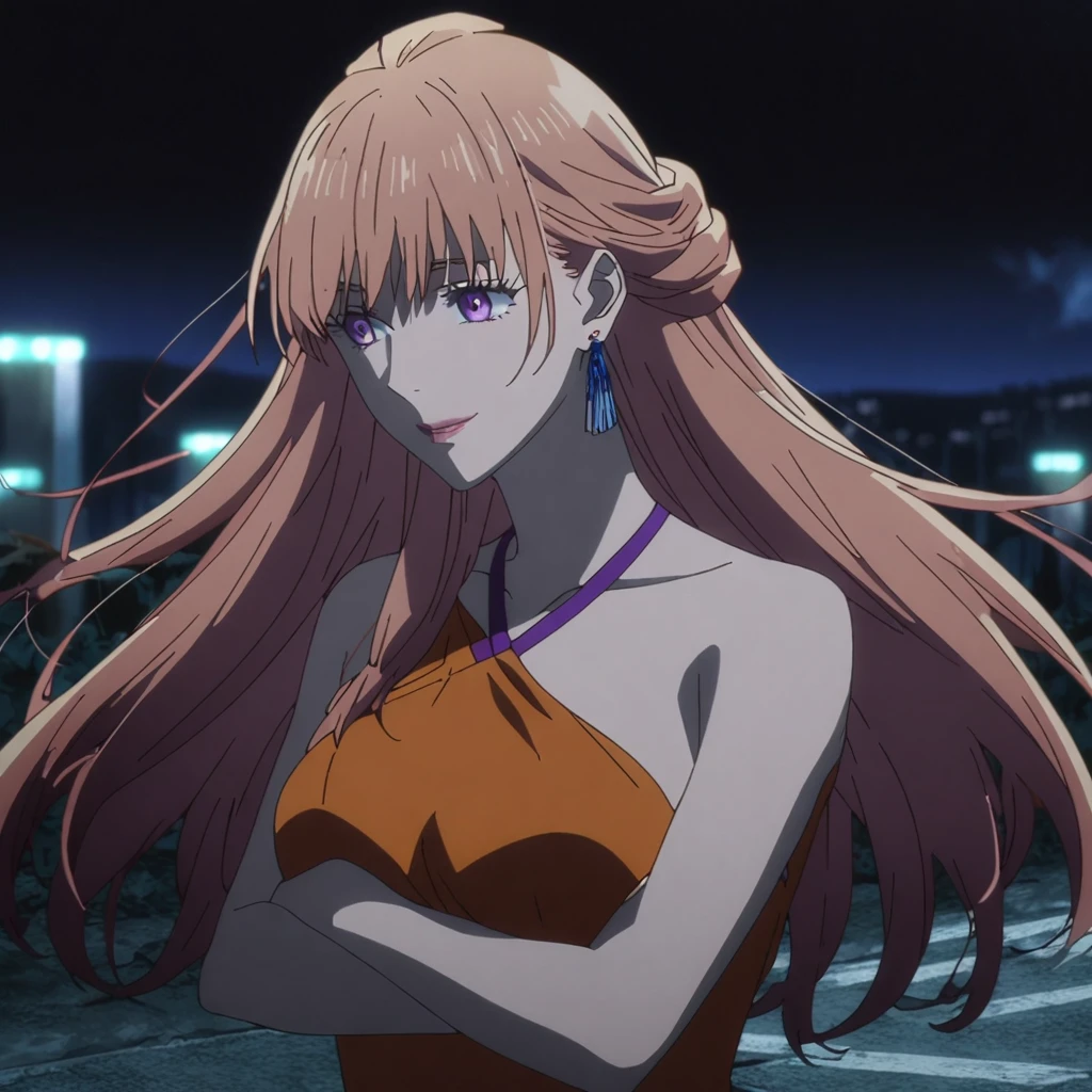 1girl, female gojo satoru, anime screencap from jujutsu kaisen, gojo satoru female version, solo, long_hair, purple eyes (Orange hair, elegant hairstyle), night view, (hanging breasts) upper_body, smile, purple_eyes, lips, ((wearing orange colour dress)) breast, "very detailed and high resolution" (purple eyes) ((cross arms)) ((long hair, elegant hairstyle)) ((solo)) (front view) (earings) ((high resolution)) ((good quality))