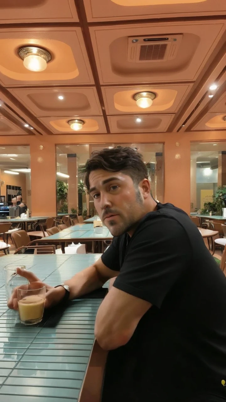 A burly man, very handsome, looks at you