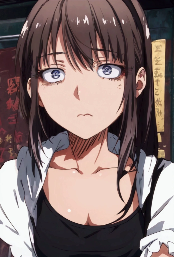 1girl, apathetic expression, has bags under her eyes, messy long-brown hair, black-colored eyes
