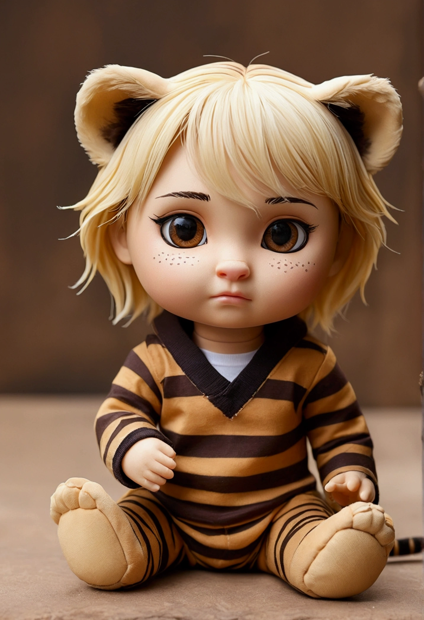 Blonde hair,Brown tiger stripes,Wear casual clothes, a small tiger cub sad, ((sad:1.4)) , Tears, Blank Background , Warm colors, magic,doll,tiger,