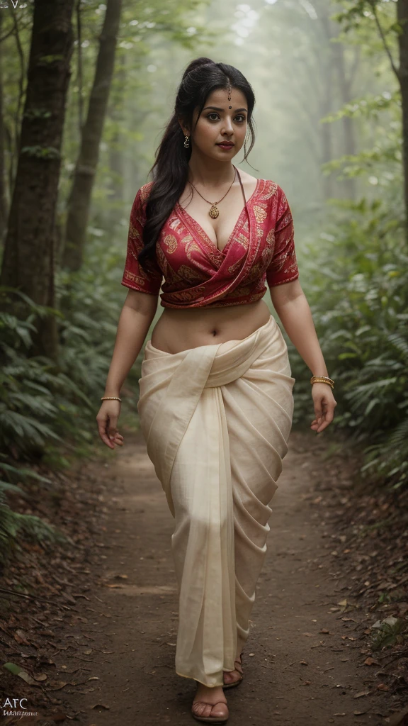 daytime view, close up shot of vedhika from front view, wearing random colour saree, walking in forest, looking to camera, dynamic pose, big and curvy cheeks, hourglass figure, y navel, swooping breonytail, necklace, (cinematic:1.3), intricate details , (ArtStation:1.2)