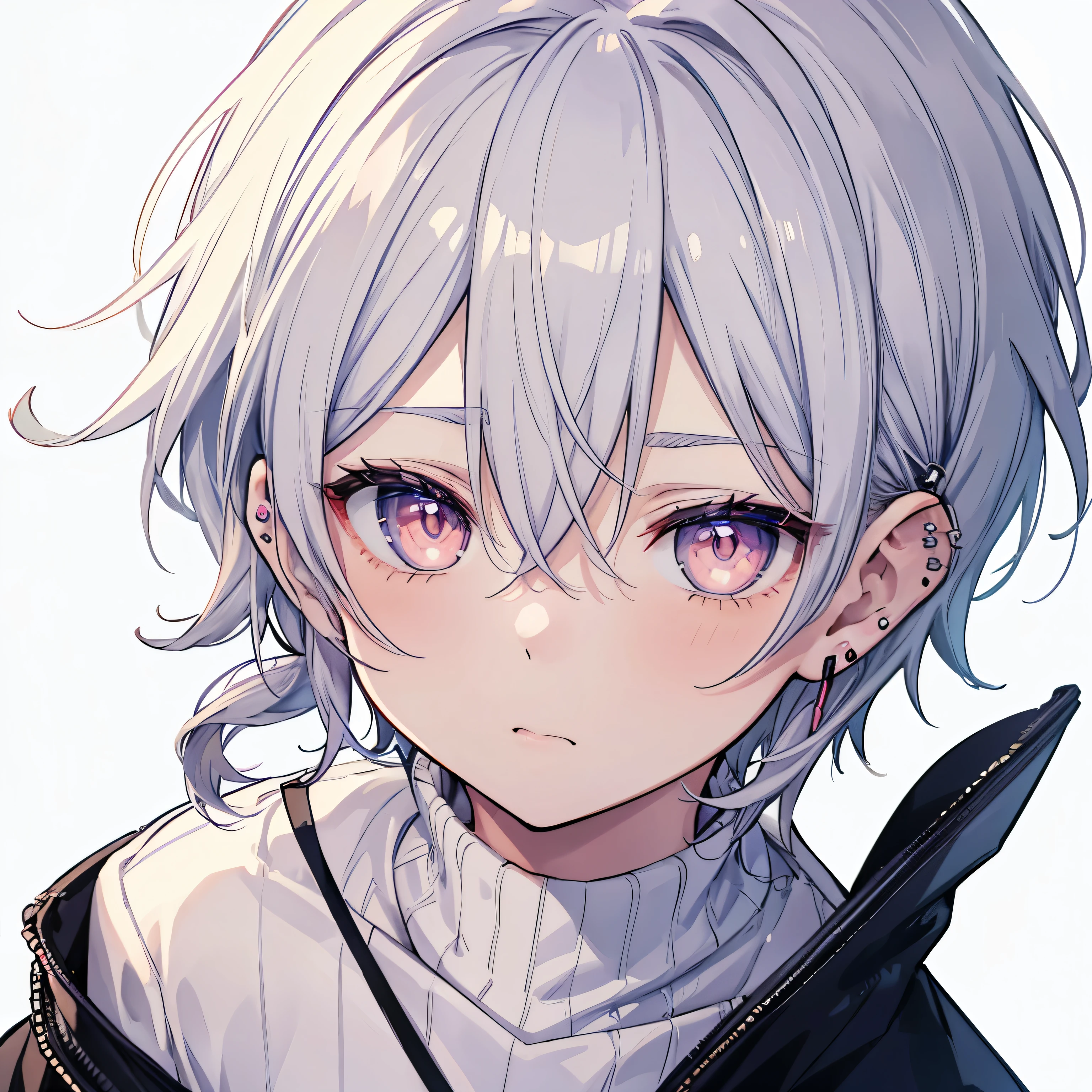 boy、Vorticella、Wolf Cut、earphone、More androgynous than men's、Earrings、Delicate painting、Anime illustration、Twink、MUJI sweater、Dullness、Pure white background、Thin Hair