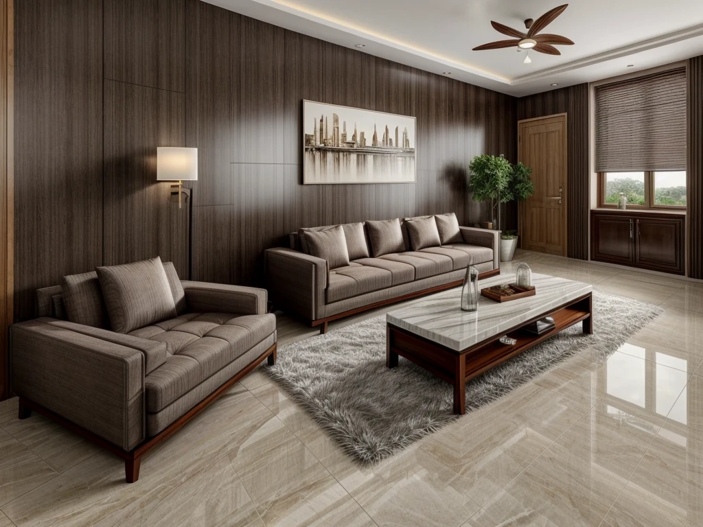 Brown sofa,coffee table,matte marble floor,grey carpet,vase,wooden wall cabinet,mural,single sofa,dining table,tableware,decorations,sunlight,floor-to-ceiling Windows,Light luxury and simple style,strong sense of reality,rich detail,masterpiece,ultra clear quality,qingshe, UHD, Ultra HD, 8K, super realistic