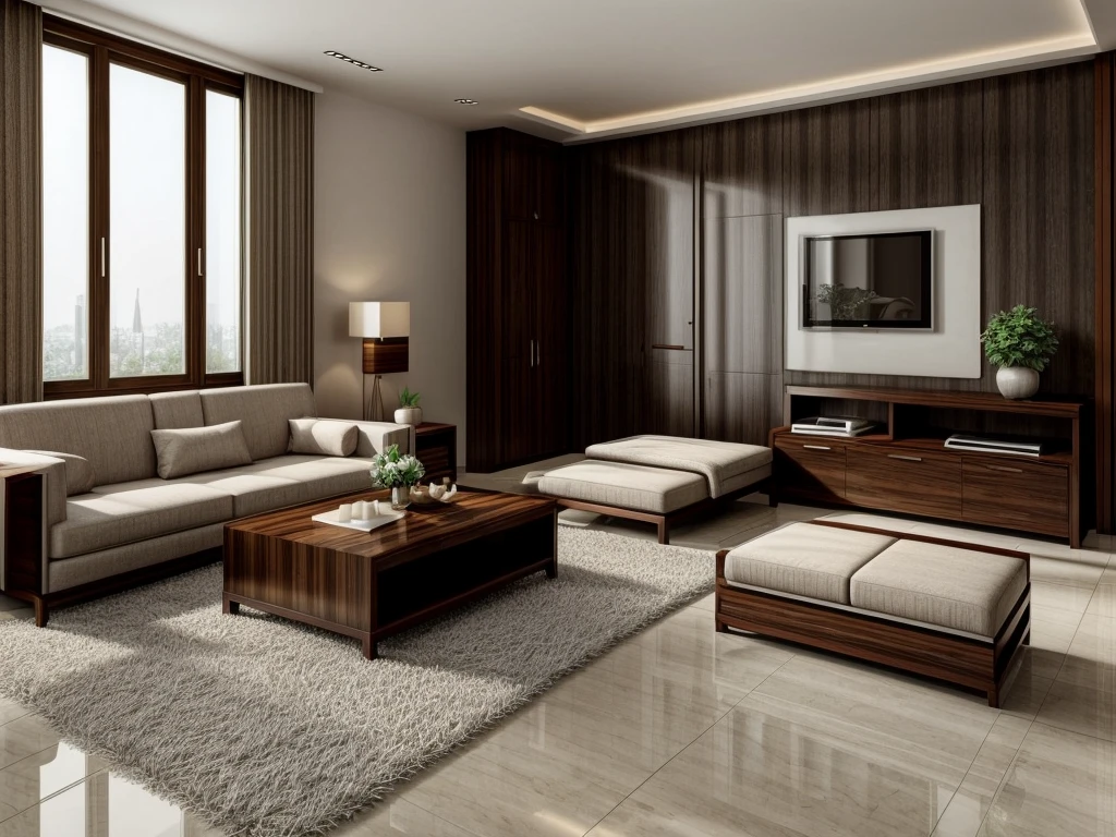 Brown sofa,coffee table,matte marble floor,grey carpet,vase,wooden wall cabinet,mural,single sofa,dining table,tableware,decorations,sunlight,floor-to-ceiling Windows,Light luxury and simple style,strong sense of reality,rich detail,masterpiece,ultra clear quality,qingshe, UHD, Ultra HD, 8K, super realistic