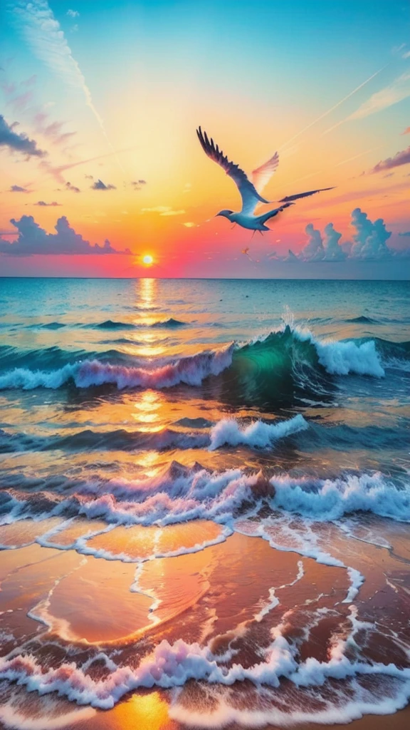 A mesmerizing sunset on the beach, Orange Mix, pink, The sky is yellow. The water is crystal clear,  The white sand beach is endless. This scene is dynamic and breathtakingly beautiful., Palm trees sway gently. Immerse yourself in a peaceful atmosphere、Please be surrounded by silence.