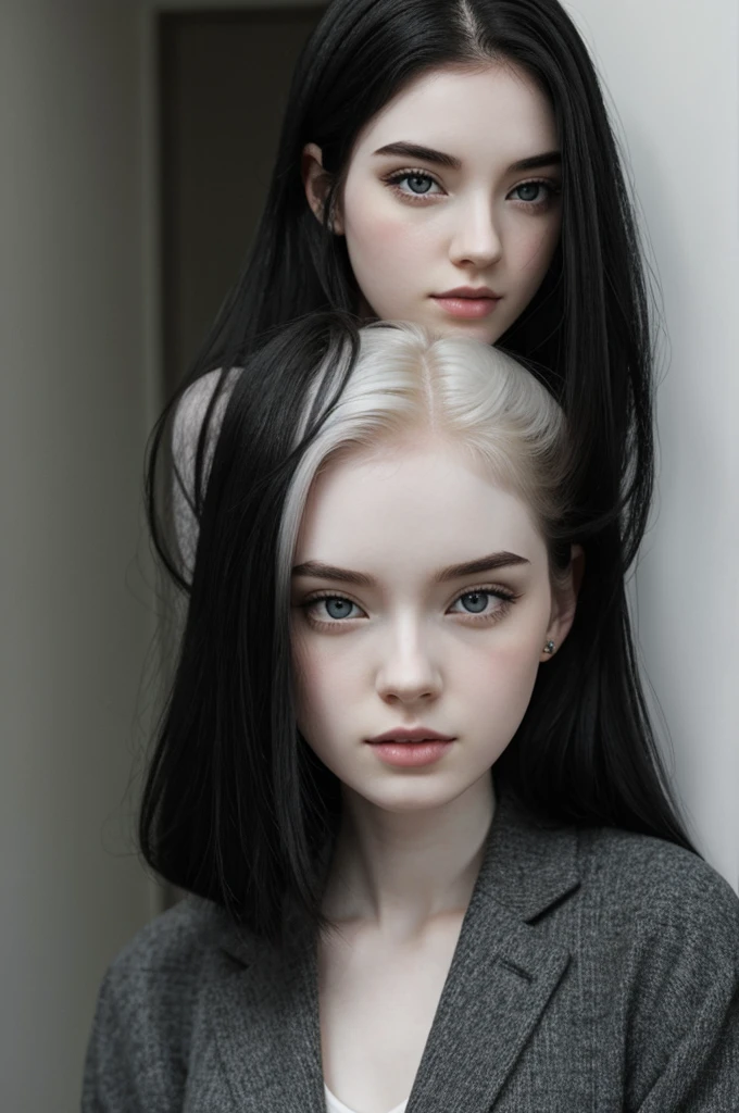 Girl with pale skin, black hair, gray bitch eyes
