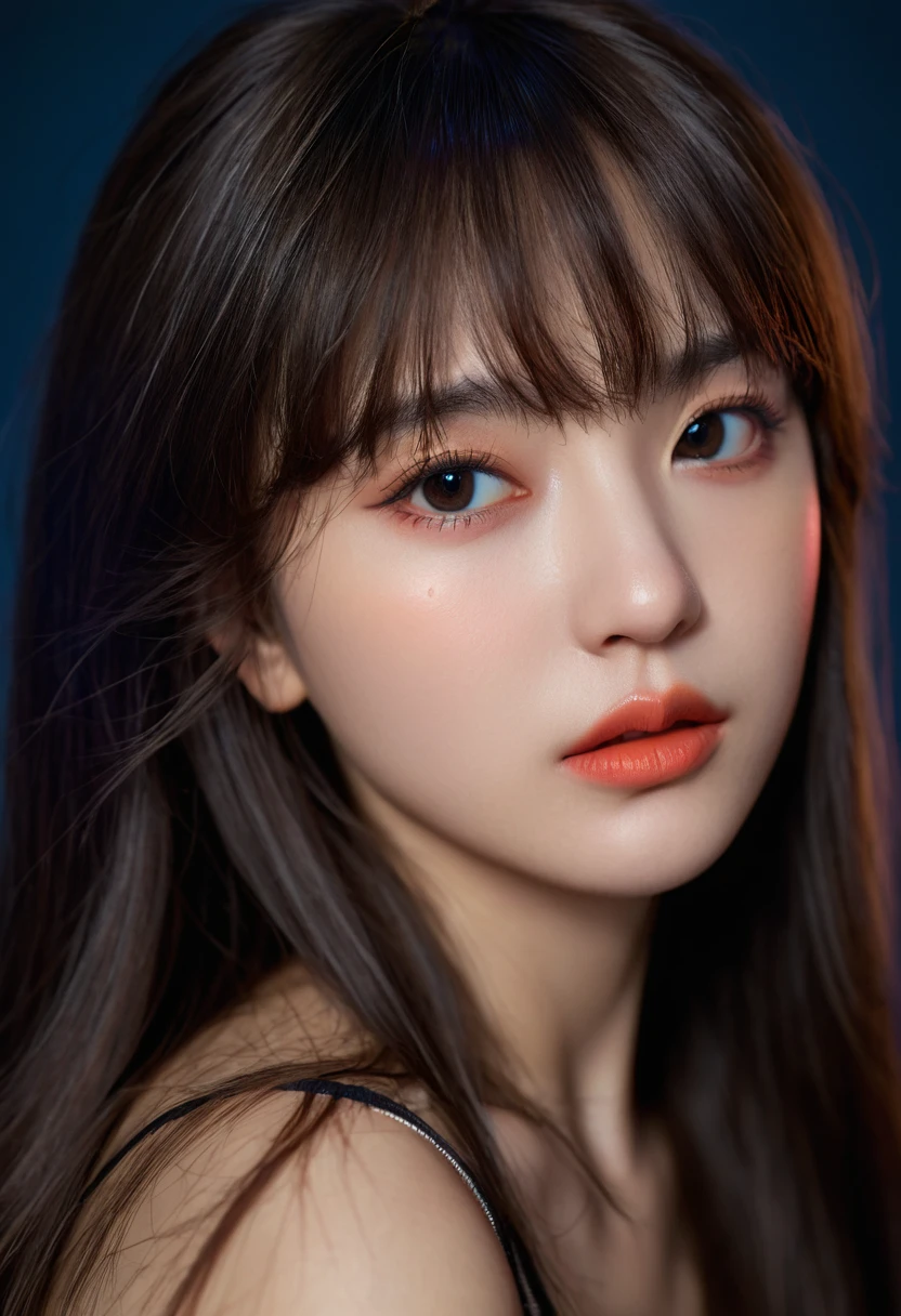 8k, best quality, 1 Girl, (Skin Indentation), night, (dark), Indoor clear background, (people), Beautiful bangs, Gorgeous,, (Clothing and:1.3),Soft lighting, attractive, dark Room, (mouth close:1.2, beautiful eyes, Delicate eyes, Detailed iris, Beautiful lips, Beautiful nose, Pretty Face),(primary color:1.5),Ambient Light,Neon light