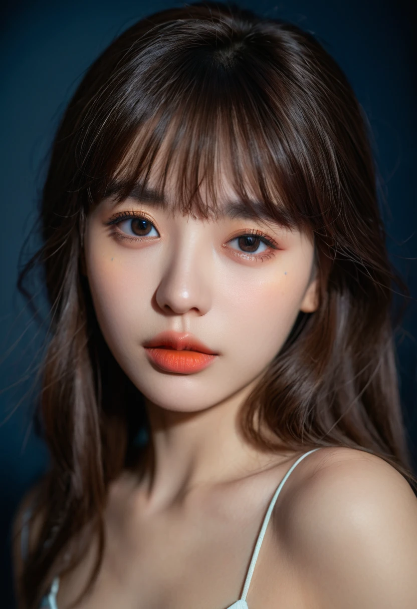 8k, best quality, 1 Girl, (Skin Indentation), night, (dark), Indoor clear background, (people), Beautiful bangs, Gorgeous,, (Clothing and:1.3),Soft lighting, attractive, dark Room, (mouth close:1.2, beautiful eyes, Delicate eyes, Detailed iris, Beautiful lips, Beautiful nose, Pretty Face),(primary color:1.5),Ambient Light,Neon light