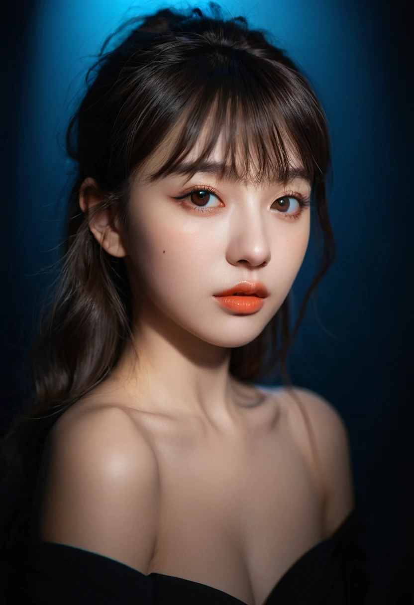 8k, best quality, 1 Girl, (Skin Indentation), night, (dark), Indoor clear background, (people), Beautiful bangs, Gorgeous,, (Clothing and:1.3),Soft lighting, attractive, dark Room, (mouth close:1.2, beautiful eyes, Delicate eyes, Detailed iris, Beautiful lips, Beautiful nose, Pretty Face),(primary color:1.5),Ambient Light,Neon light