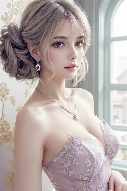 Light Purple Lace Good, (((Very elegant and beautiful, Perfect detail, Very detailed))), whole body, The most detailed girl, Written boundary depth, Beautifully detailed whole body, Thin legs, 1 girl, 30 years old, Very short hair, Spiked Hair, Gray and silver hair, beautiful detailed hair, Perfect Face, Expressionless, beautiful, detailed, Deep Eyes, Open your mouth a little, Delicate arms and hands, Pale skin, Earrings, beautiful and gorgeous necklace, Colorful background, HD background, Blurred Background, Very delicate and beautiful, masterpiece, (((Highest quality, Very beautiful 8K CG wallpaper))), (((Trendy hairstyles))), (Inside the room,Stylish interior,window),