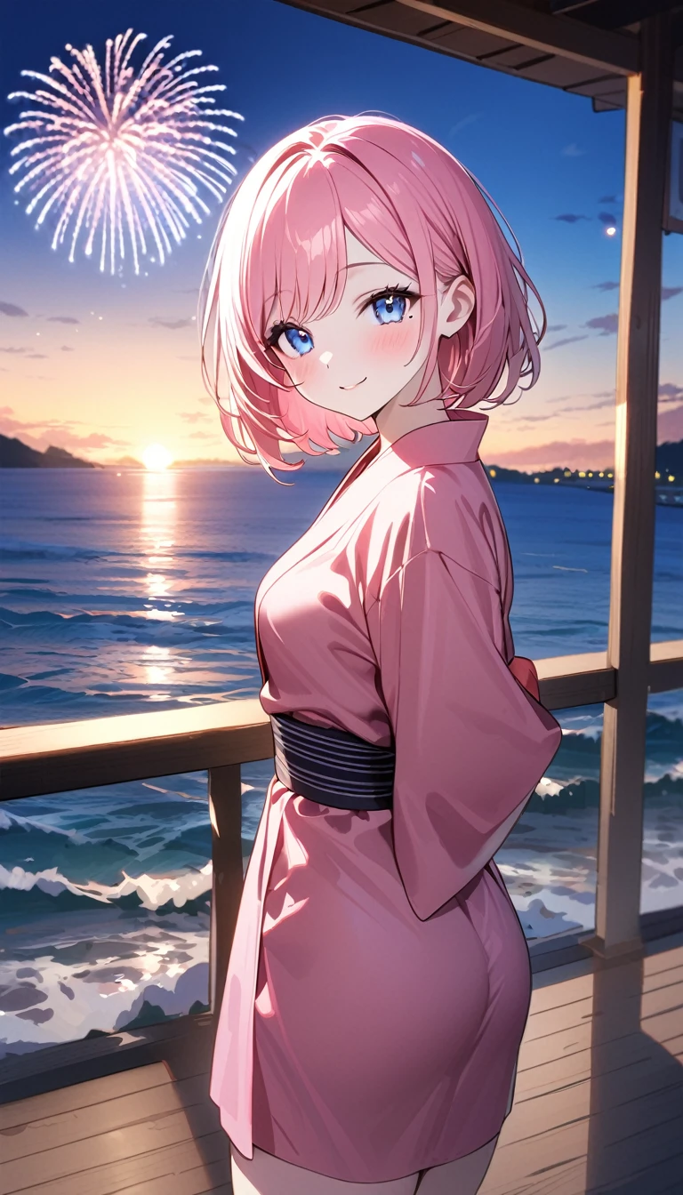 (1 girl),(Best Picture Quality, 8K, Masterpiece:1.3), (high school student:1.5), ((pink lob hair:1.1)), (bob cut),(swept bangs), (cute eyes, pupil black, iris skyblue, youthful face), (mole under right eye), (standard weight), (small breasts), (glistening skin:1.1),(pale skin:1.2),(yukata),(seaside),(Fireworks),((Gyaru fashion:1.3)),((summer scene:1.2)),(magnificent view),(overlooking),(Smile).