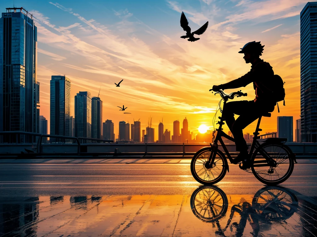 Silhouette of a person riding a folding bicycle against a lively and colorful background. which changes from warm to cool tones. This may represent a sunrise or sunset. The scene features a stylized representation of urban architecture and flying birds. This helps create a sense of movement and freedom.