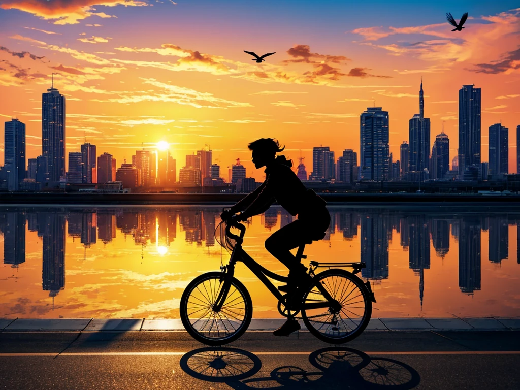 Silhouette of a person riding a folding bicycle against a lively and colorful background. which changes from warm to cool tones. This may represent a sunrise or sunset. The scene features a stylized representation of urban architecture and flying birds. This helps create a sense of movement and freedom.