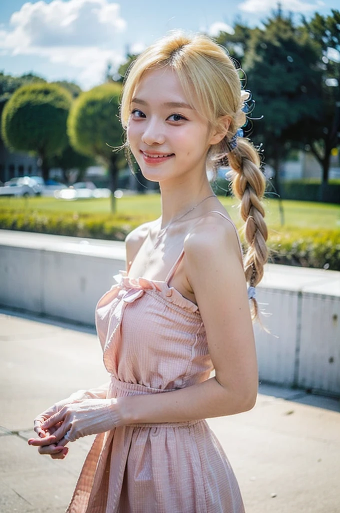 Best quality, masterpiece, ultra high res, (photorealistic), (smile),raw photo,1girl, skinny,solo, realistic, looking at viewer, bokeh background, outdoor, clouds, blonde hair twin tail braided, jewelry, cowboy shot, sundress