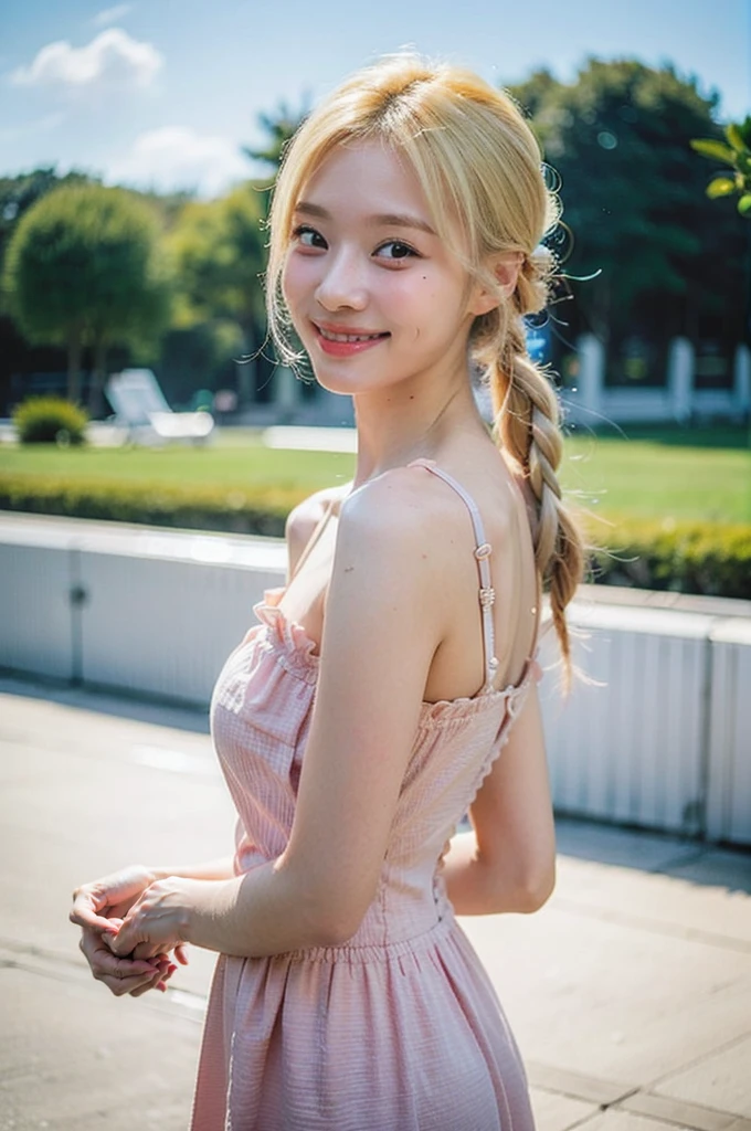 Best quality, masterpiece, ultra high res, (photorealistic), (smile),raw photo,1girl, skinny,solo, realistic, looking at viewer, bokeh background, outdoor, clouds,  blonde hair twin tail braided, jewelry, cowboy shot, sundress