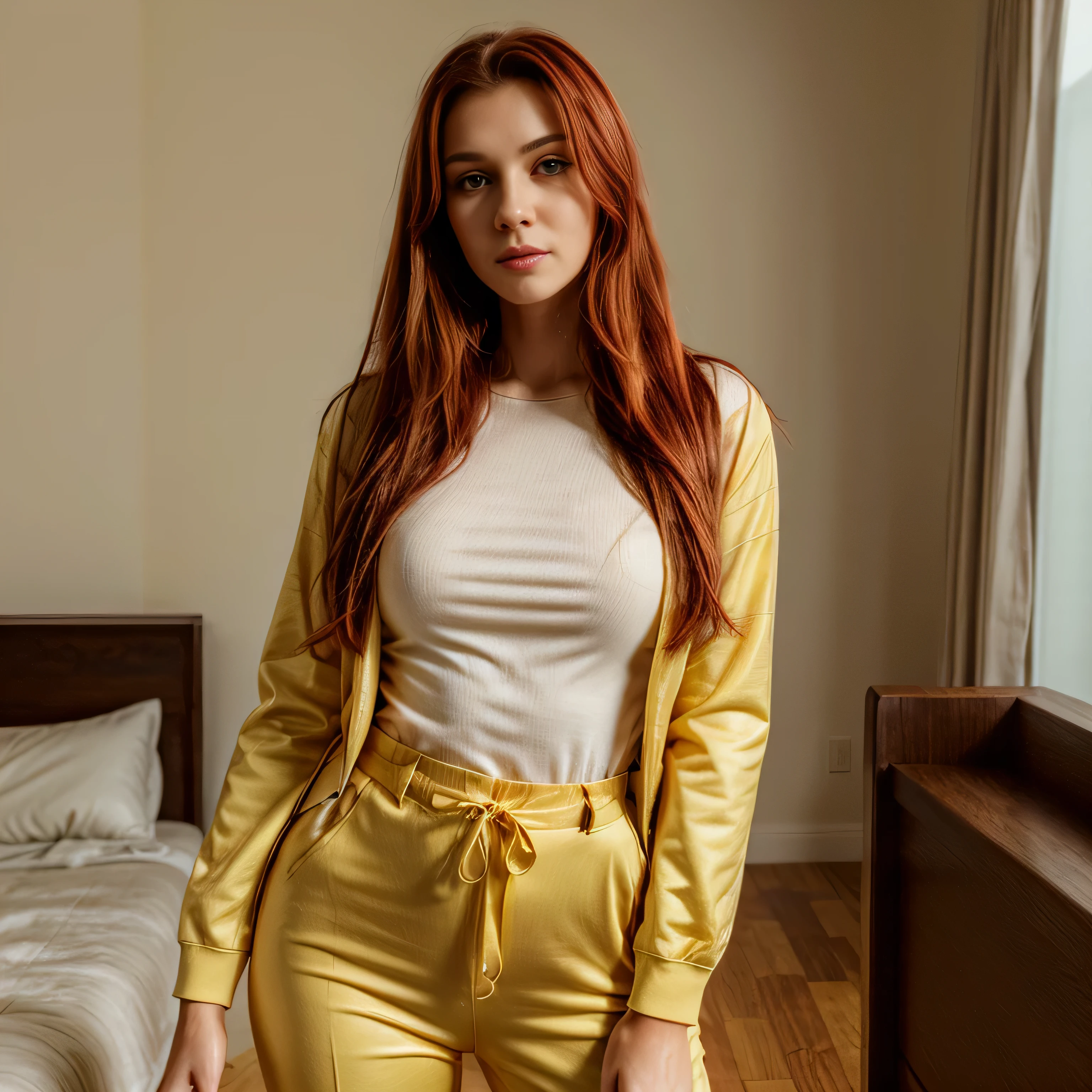 Beautiful tall woman with red hair and yellow eyes super realistic and well detailed suit outfit