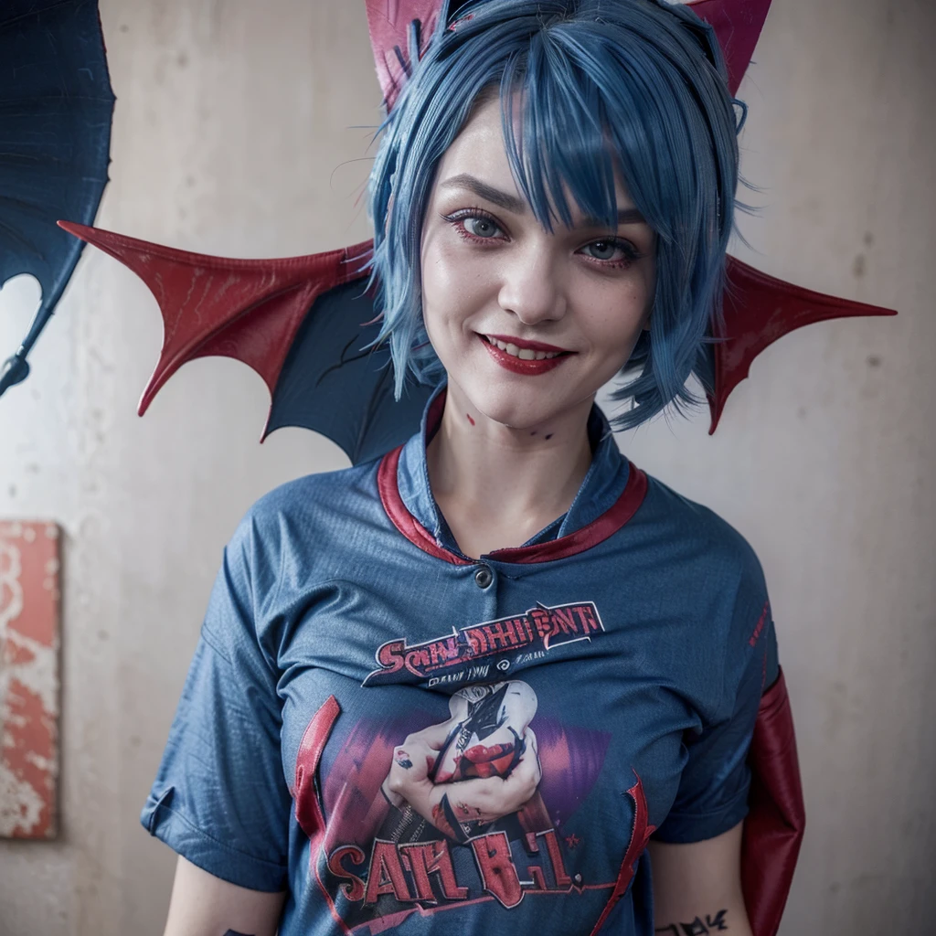 (((remilia scarlet))), (bat wings), (vampire), short hair, (((blue hair))), ((standing)), ((((face close up)))), ((jacket, taut shirt)), evil smile,, <lora:ohisashiburi style naked