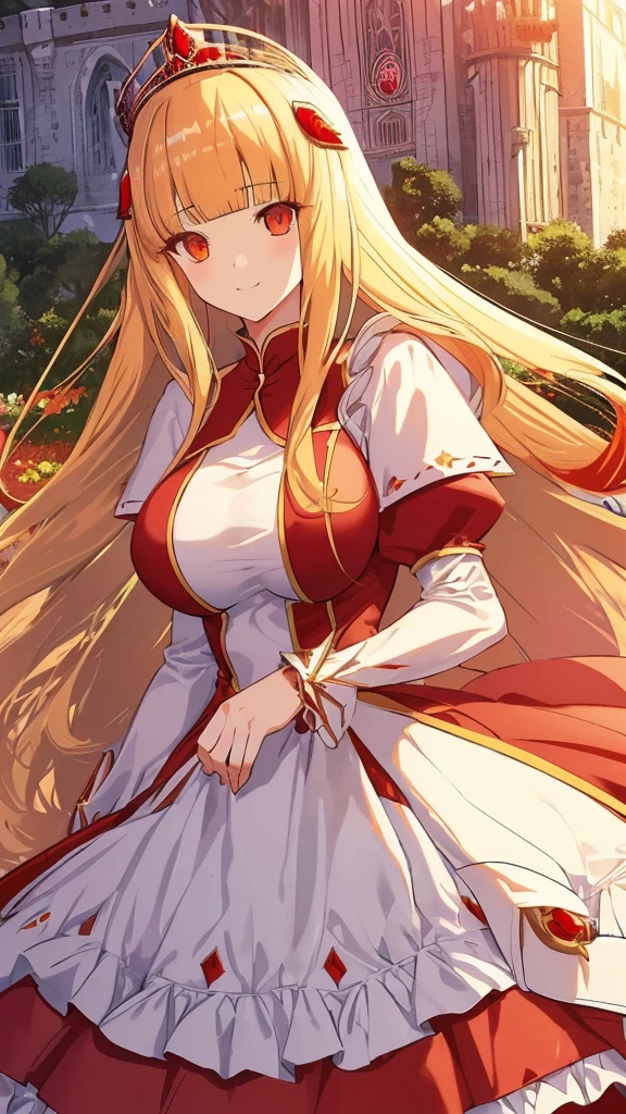 best quality, extremely detailed,anime style girl,((wavy)) long hair,((((blunt bangs)))),(hair between eyes),((bright blond hair)),beautiful detailed eyes,Orange eyes,Sharp eyes with many eyelashes,huge breasts,(((scarlet princess dress))),Complicated pattern,hair ornament,((garden in castle)),smile,dynamic angle