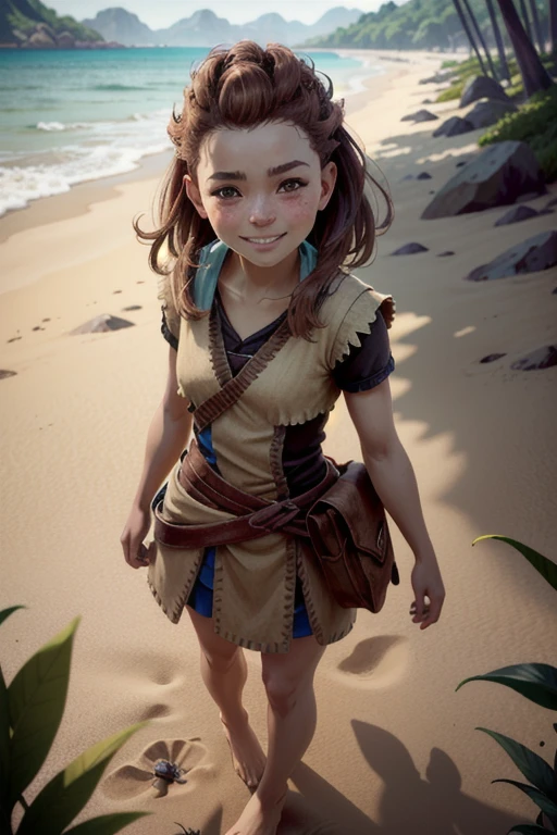 A ugly very young girl with short brown hair and brown eyes and many freckles and flat nose and good physique, smiling happily, standing on the beach without shoes, in a chibi/deformed style, highly detailed, 4K, photorealistic, masterpiece, vibrant colors, natural lighting, cinematic composition