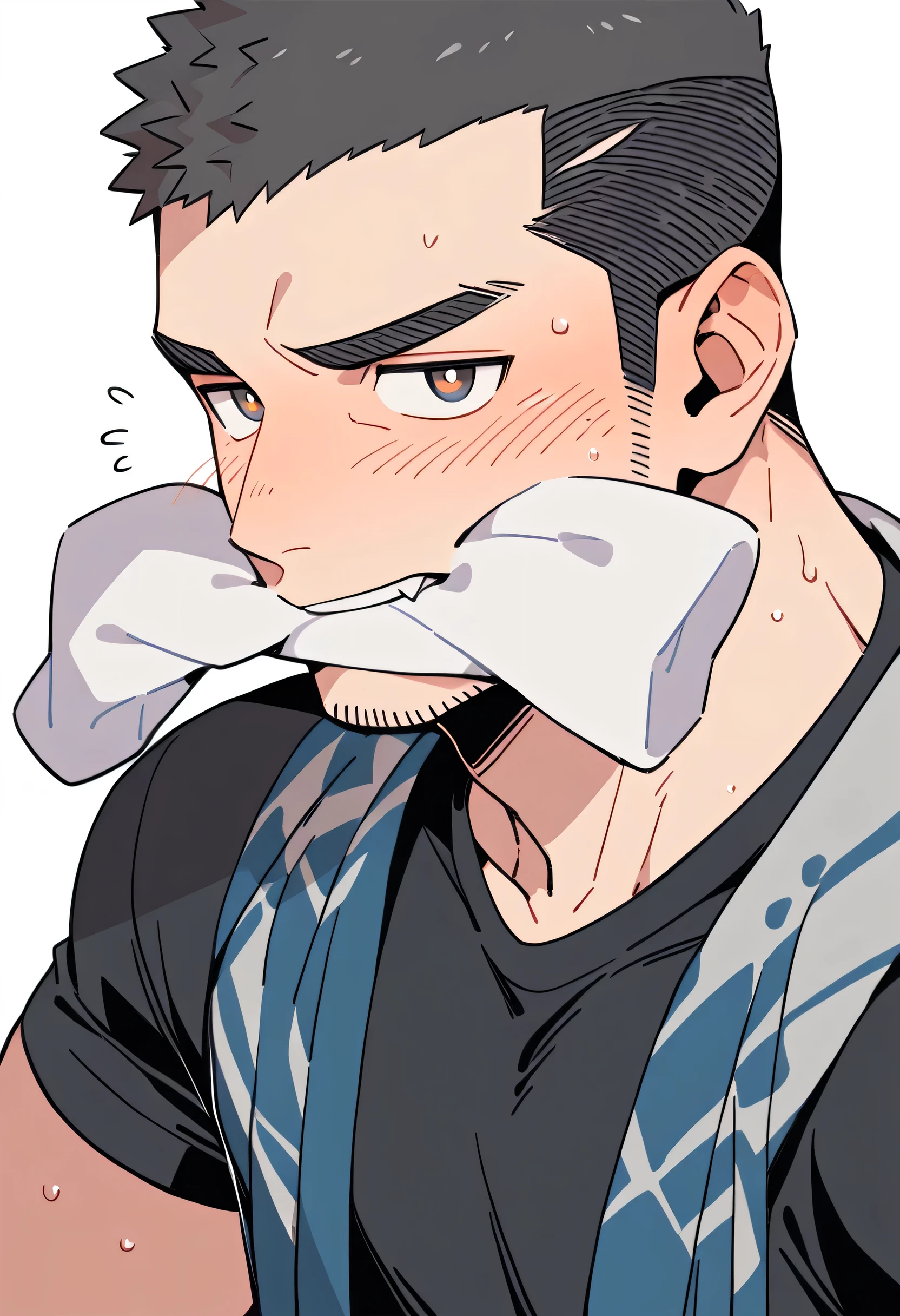 anime characters:Priapus, Muscle Sports Student, Buzz Cut, Manliness, male focus, Dark black tight T-shirt, Very tight, Sweat soaks clothes, full and perky chest muscles, muscular male, muscular, only, Upper body, alone, Black short hair, Thick eyebrows, stubble, Brown-red pupils, White background, simple background, amazing quality, best aesthetics, Ridiculous, crew cut, blush, mouth hold, Biting a white cotton towel in the mouth, embarrassed, shy, endured face, negative space, best quality