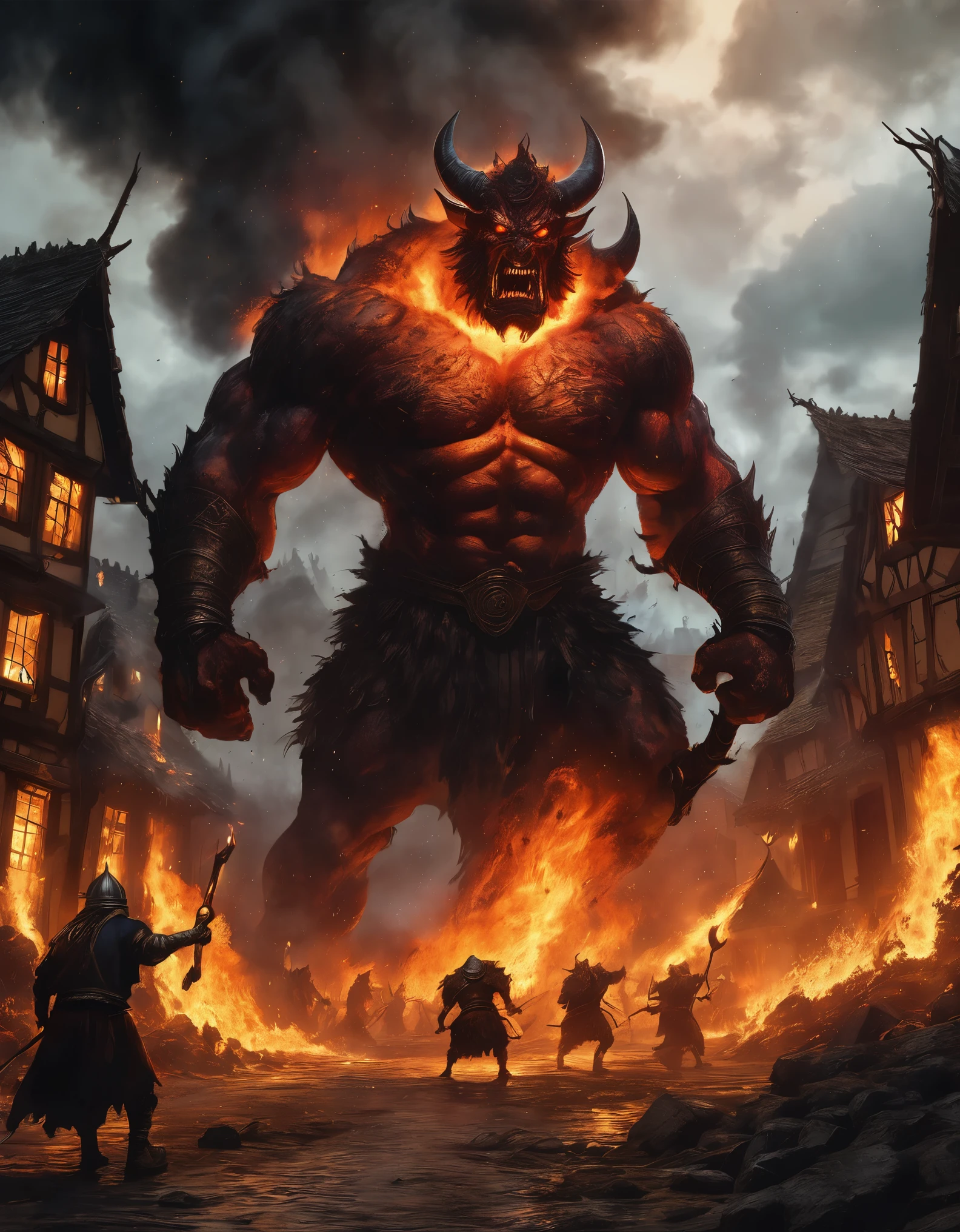 A massive fire scary muscled demon, towering over a medieval village with flames engulfing its body, wielding a colossal axe with lava and fire,  as terrified villagers flee in all directions. Fire and lava are flowing from the demon. The sky is dark with smoke and lightenings, the village ablaze in the background, capturing the intense and chaotic battle scene with high contrast and dramatic lighting. cinematic, epic realism,8K, highly detailed, spooky vibe