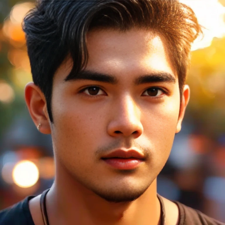 Araaf Asian man with a round face, black eyes, staring at the viewer, morning sun, ((face details)), Double eyelids, realistic, Masterpiece, short hair, black eyes,abdominal muscles, The body is beautiful and strong...,, (digital painting, HDR, high contrast