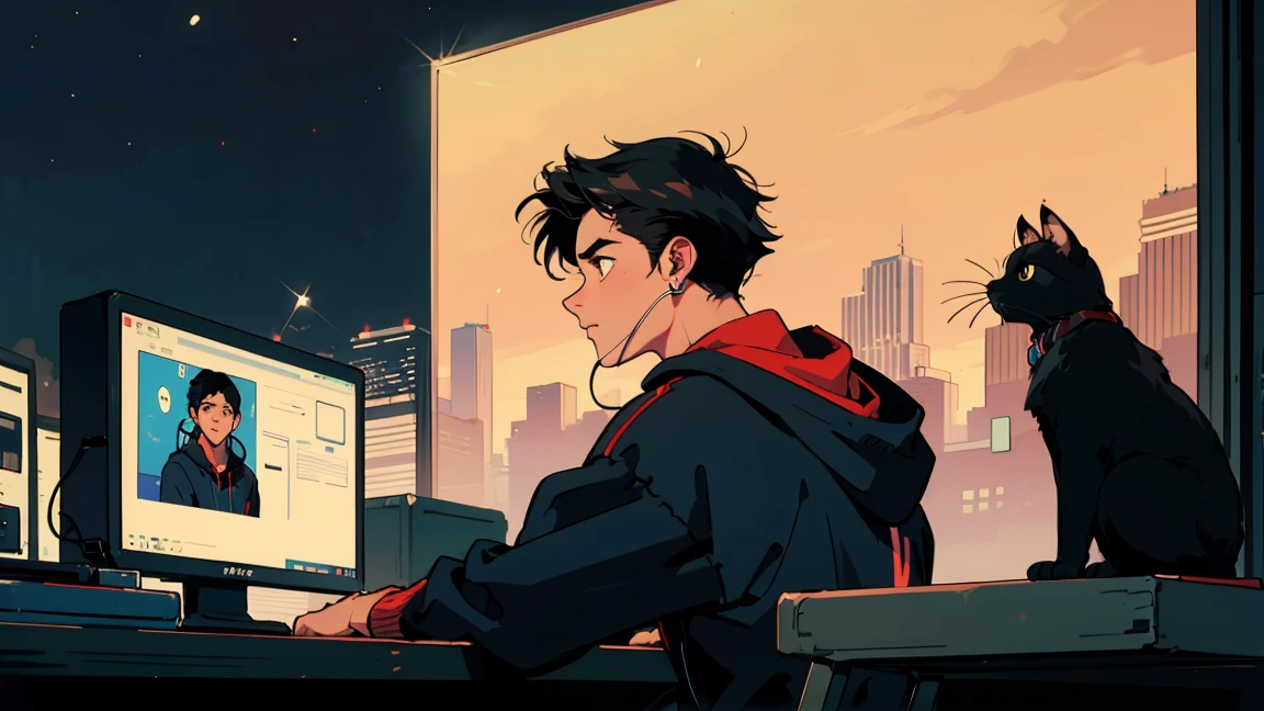 Highest quality, 8k, 1990s style,Back view、21 year old boy, Black Hair,monotone、Black hoodie, City Pop, Night view, Headphones,Operating a PC, Upper Body , Black cat