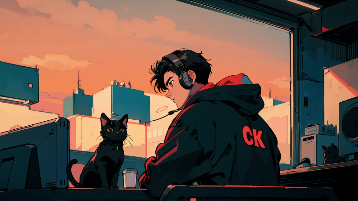 Highest quality, 8k, 1990s style,Back view、21 year old boy, Black Hair,monotone、Black hoodie, City Pop, Night view, Headphones,Operating a PC, Upper Body , Black cat