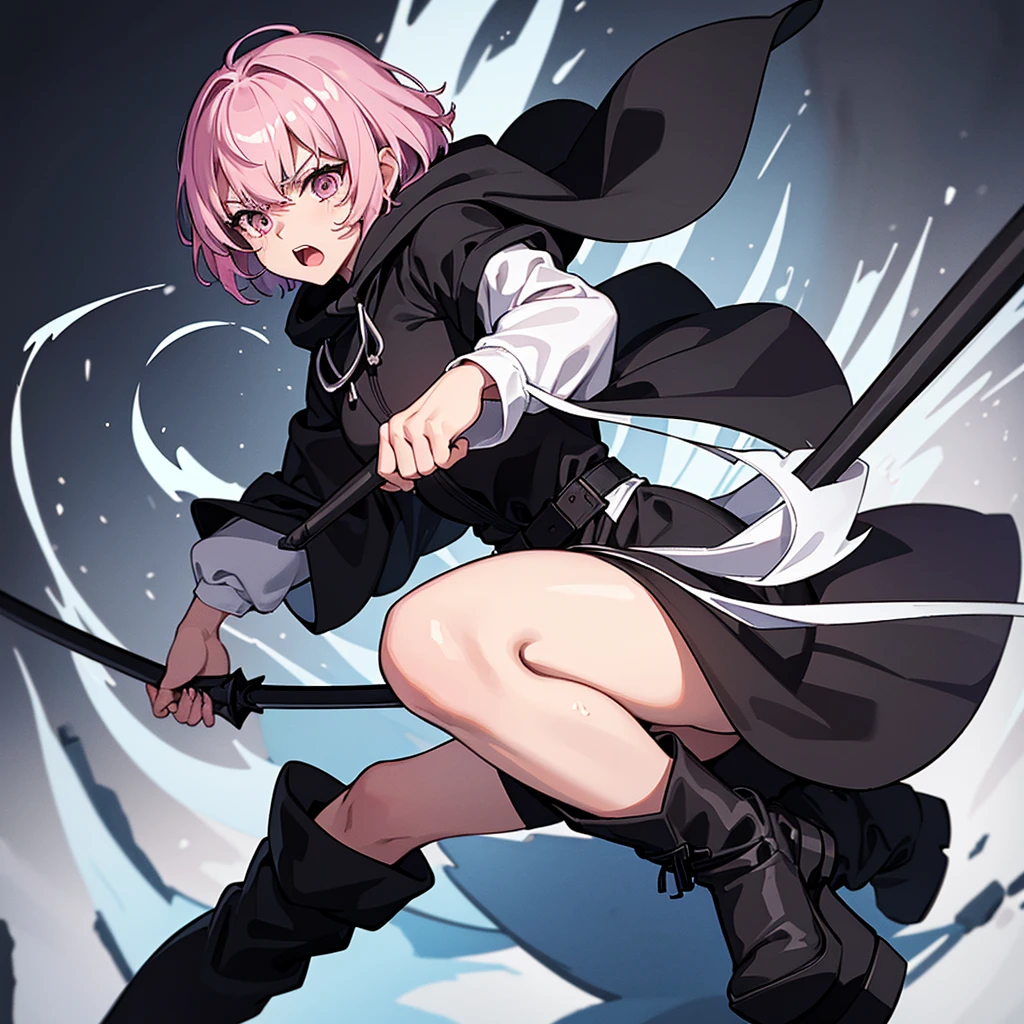 (whole body)、(Back view、front、From the side、From above)、(((Wearing a black hood)))、Best illustrations、Best Quality、(23 years old)、(The same face:1.1),Medieval Fantasy、Magic wand,(White Background)、(Pink Hair、Very Short Hair、Align your bangs)、(((Long sleeve、Black Robe、pants、Knee-high boots)))、Fighting stance、(get annoyed、Sweat、Open your mouth、Look at the top right)、Chased