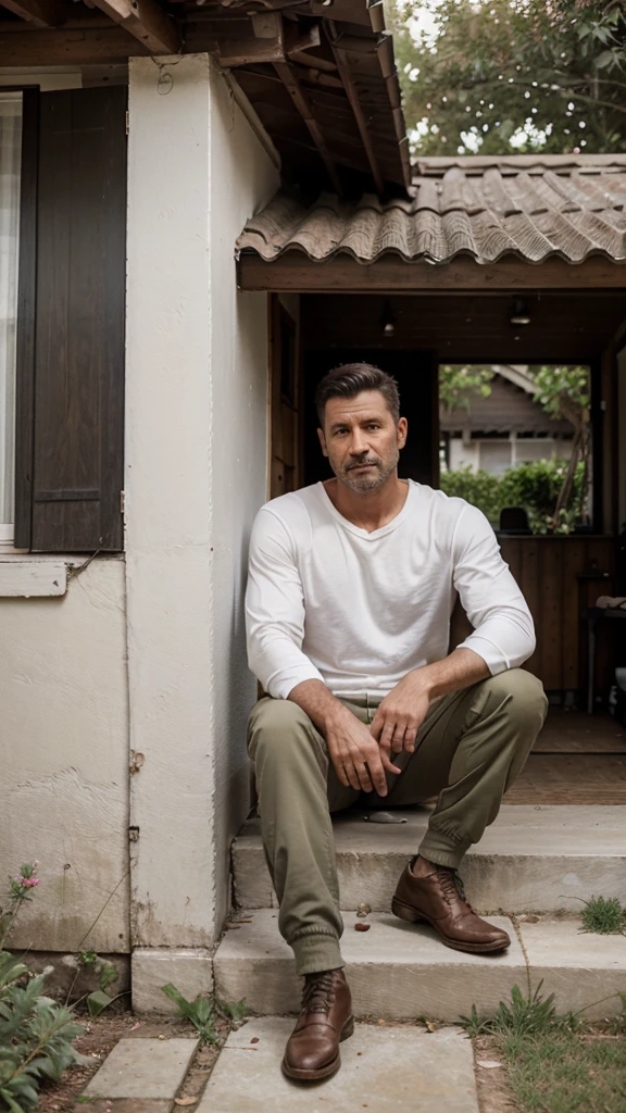 A man 40 years old sitting outside house, front yard, garden, porch, long white sleeves shirt, military pants, gentleman,