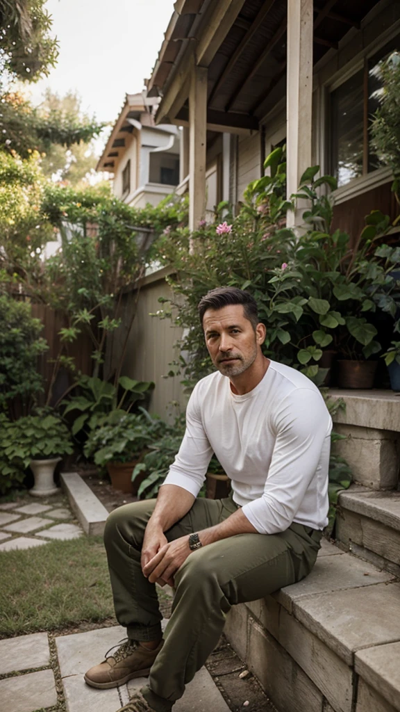 A man 40 years old sitting outside house, front yard, garden, porch, long white sleeves shirt, military pants, gentleman,