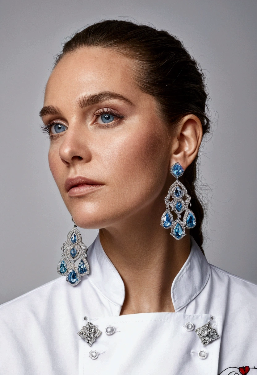 (Chef-d&#39;œuvre, meilleure qualité), détails complexes, réaliste, photoréaliste, a close up of a woman wearing arêtes, inspiré par Emma Andijewska, enveloppé de cristaux, couleur argent, long arêtes, Sandra Chevier, huge arêtes, 2019, Aux yeux bleus, bijoux en platine, arête, structure impeccable, silver arête,  