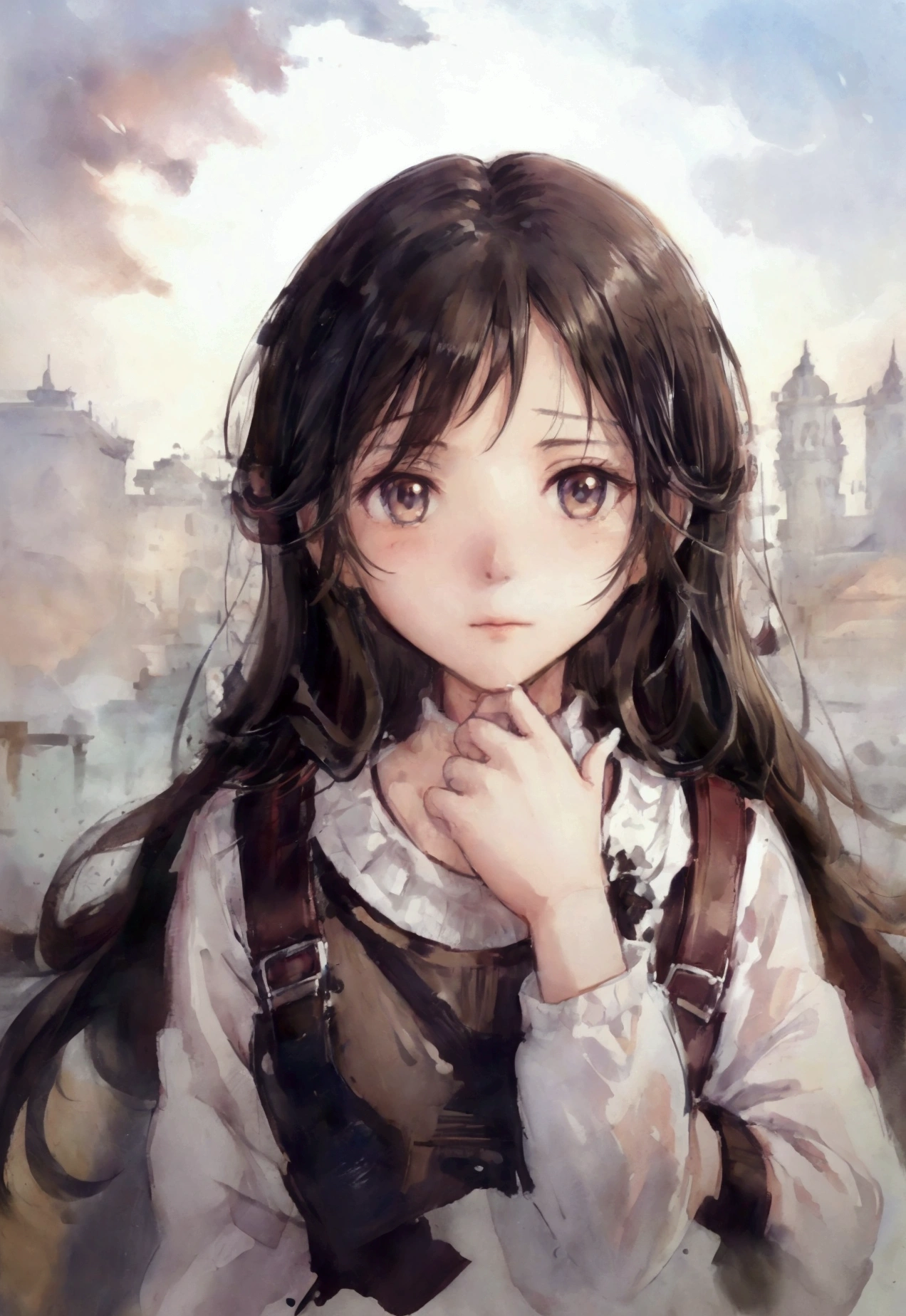 1girl, apathetic expression, has bags under her eyes, messy long-brown hair, black-colored eyes
