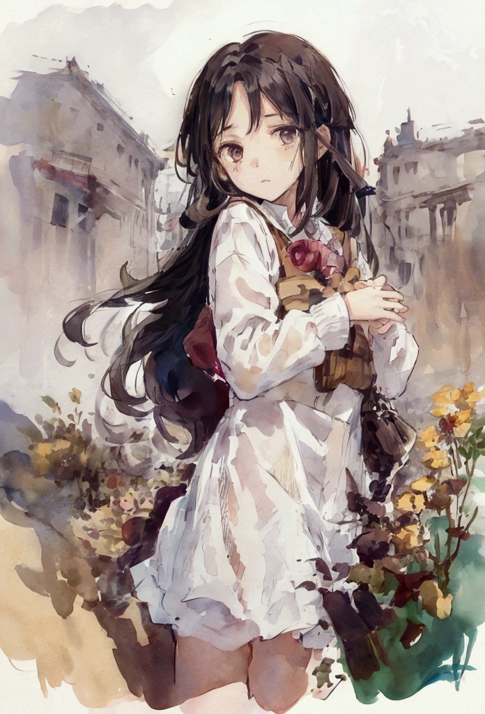 1girl, apathetic expression, has bags under her eyes, messy long-brown hair, black-colored eyes