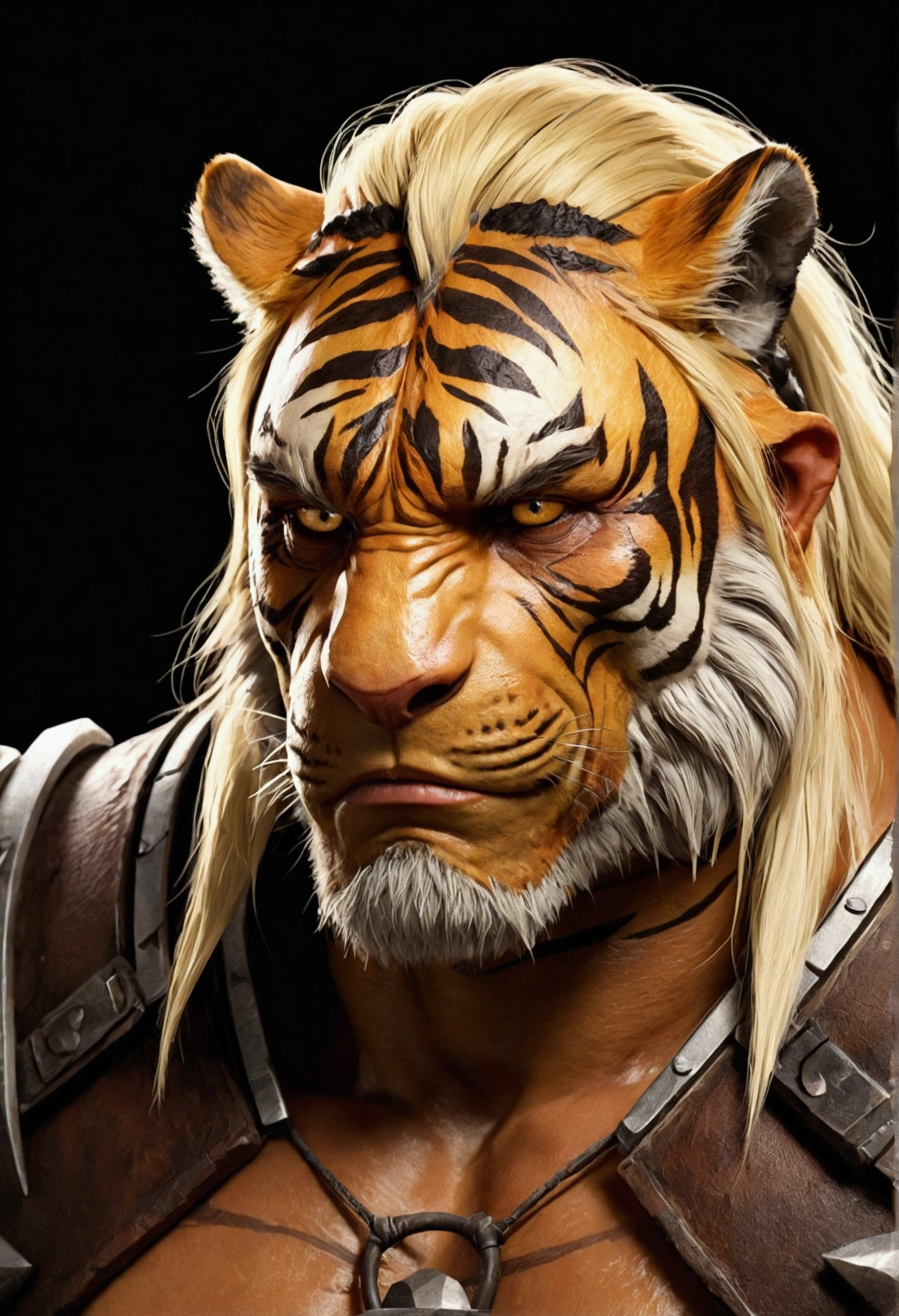Blonde hair,Brown tiger stripes,Wear casual clothes, sad, ((sad:1.4)) , Tears, Blank Background , Warm colors,Orcs,tiger,muscle,