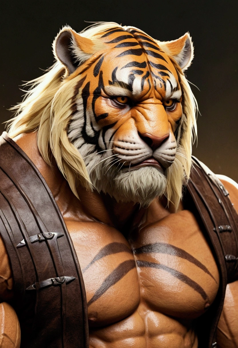 Blonde hair,Brown tiger stripes,Wear casual clothes, sad, ((sad:1.4)) , Tears, Blank Background , Warm colors,Orcs,tiger,muscle,