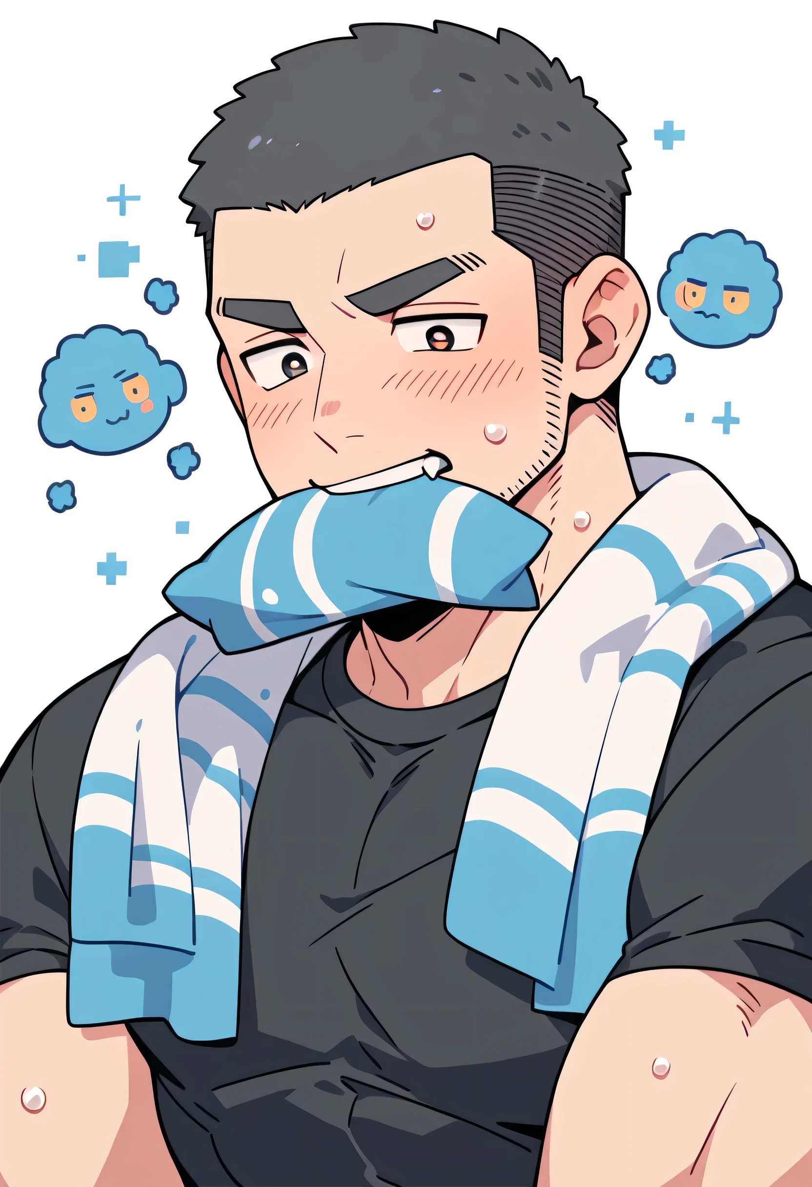 anime characters:Priapus, Muscle Sports Student, Buzz Cut, Manliness, male focus, Dark black tight T-shirt, Very tight, Sweat soaks clothes, full and perky chest muscles, muscular male, muscular, only, Upper body, alone, Black short hair, Thick eyebrows, stubble, Brown-red pupils, White background, simple background, amazing quality, best aesthetics, Ridiculous, crew cut, blush, mouth hold, Biting a white cotton towel in the mouth, embarrassed, shy, endured face, negative space, best quality
