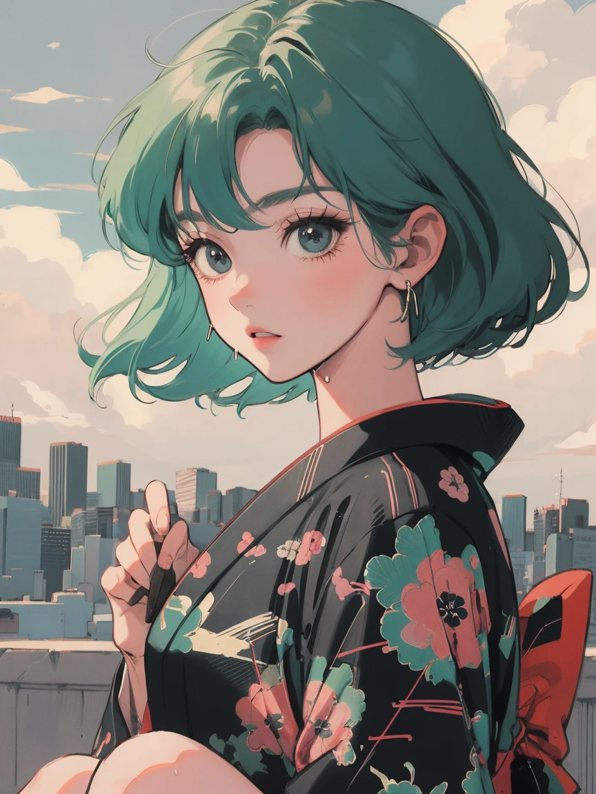 anime girl sitting on floor looking, anime aesthetic, anime vibes, Lofi Artstyle, Lo-fi portrait. anime, Lofty Girl, anime art wallpaper 4 k, anime art wallpaper 4k, anime art wallpaper 8 k, anime background art, Lofi Color, Lofi Art, anime asthetic, Berry Short, kimono, kimono, Tokyo scenery, In the city, Wet day, Outside, Cloudy, Neon City, Whole body shot, Green Hair, night, night中, short hair, Short Hair