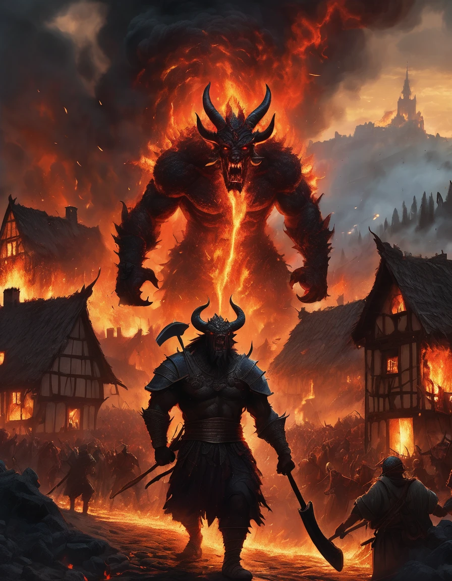 A massive fire scary demon, towering over a medieval village with flames engulfing its body, wielding a colossal axe with lava and fire, as terrified villagers flee in all directions. Fire and lava are flowing from the demon. The sky is dark with smoke and lightenings, the village ablaze in the background, capturing the intense and chaotic battle scene with high contrast and dramatic lighting. cinematic, epic realism,8K, highly detailed, chaotic vibe