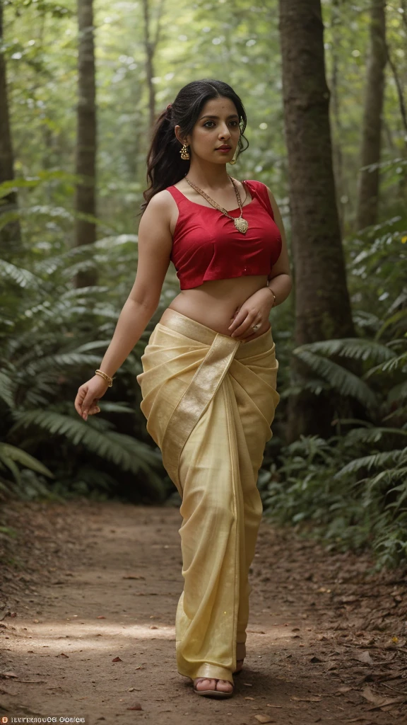 daytime view, close up shot of vedhika from front view, wearing random colour saree, walking in forest, looking to camera, dynamic pose, big and curvy cheeks, hourglass figure, sexy navel, swooping breasts, ponytail, necklace, (cinematic:1.3), intricate details , (ArtStation:1.2)