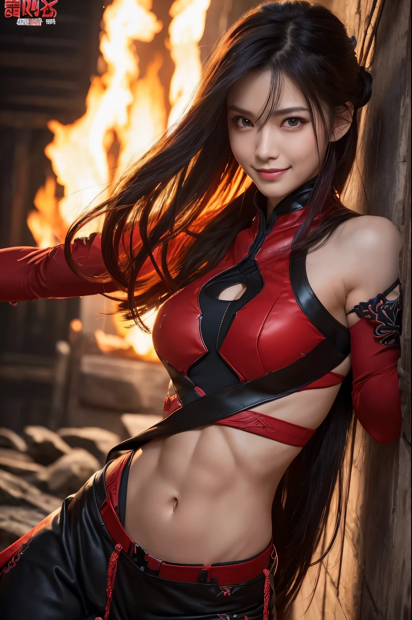 8k,Black light、Real Art、Slim and muscular macho manな女性、Super Beauty(Like the real thing)、Super strong muscles,Iris、Ultra high definition、One mature woman、Light brown mohawk、Mature Demon Slayer: Kimetsu no Yaiba: Kimetsu no Yaiba、Cool smile、very, very big breasts、Glowing Iris、Slim and muscular macho man、Lean and muscular lower body、Gorgeous Red Large Chest Chest Armor、Luxury black and red pants、Gorgeous red shoulder pads,Detailed light、An illustration、Dynamic Angle、Depth of written boundary、(((((())))、Combat poseをとる成熟した女性、Show me your fangs、(Super A)High resolution、Best image quality)、(8k、RAW Photos、Best image quality、masterpiece)、sense of technology、Best image quality、masterpiece、Awareness-raising、CG、Sense of unity、wallpaper、Official Art、Amazing、In detail、Very delicate and beautiful、Attention to detail、Attention to detail、Clear focus、Rich background、(Real People、image)、((High resolutionの肌))、A large flame burning red from the body(Tone flame effect)(There are many big flames)Fantasy art、Shoulder muscles abdominal muscles、Arm Muscles,Ultra-Realistic Skin、Combat pose,Look at the viewers,Big Energy,Japanese,Dynamic action poses,